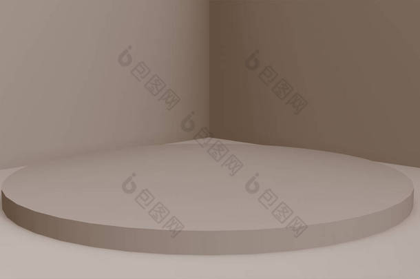 3D棕色奶油筒讲台最小工作室背景。摘要三维<strong>几何形</strong>体图解绘制.化妆品香水时尚产品的展示.