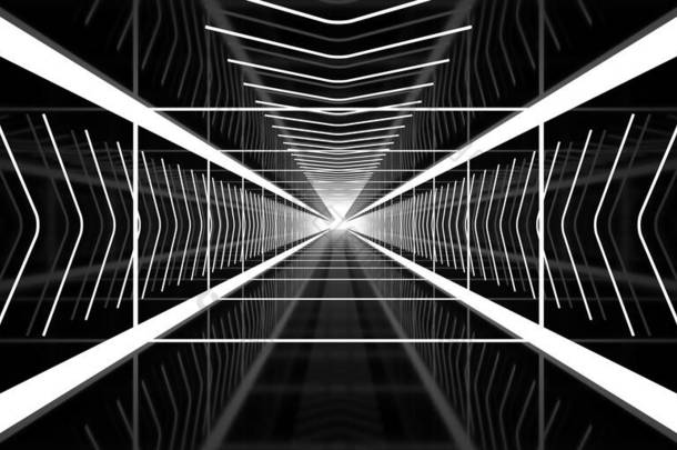 黑暗隧道，有明亮的白色霓虹灯。空白的黑色文字空间。地板上的水泡反射.摘要黑色背景。3D渲染图像.