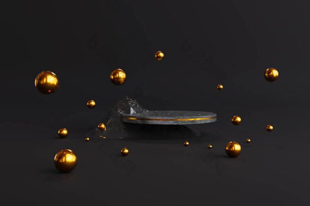 豪华大理石几何讲台圈：岩石形状的金色和黑色闪亮的色彩，精致的图案背景，造型产品的化妆品展示，营销目前的舞台广告，3D渲染
