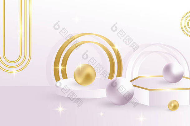 最<strong>小</strong>的白色粉红<strong>场景</strong>与金球<strong>元素</strong>和线条。圆柱形的金色和白色的讲台在粉红色的背景。展示化妆品的3D平台