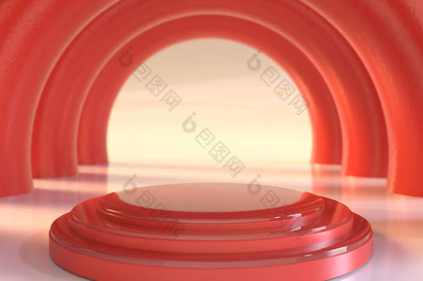 三维渲染的产品演示阶段白色背景上有<strong>红色圆</strong>柱体设计的三重<strong>红色圆</strong>柱体基座平台