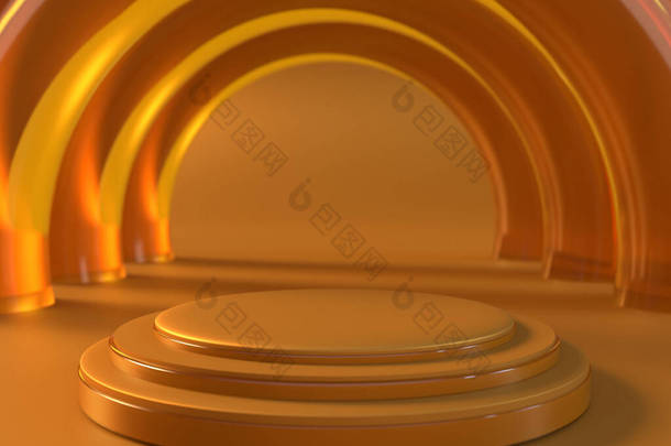 橙色背景下橙色圆柱体设计的三重黄色圆柱体基座平台，用于产品演示阶段展示，3D渲染