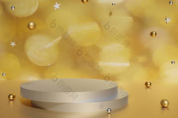 3D渲染银幕，金色背景下的金色圣诞球和星星