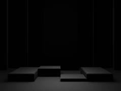 3D渲染黑色几何产品平台。黑暗背景.