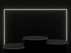 3D渲染了白色灯光的黑色讲台。产品摊位.