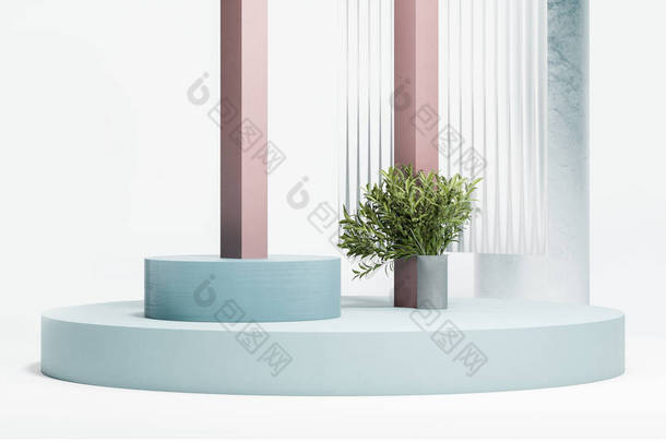 在明亮的薄荷背景上，薄荷色圆形讲台展示植物和不同的几何图形。最小的设计。3d渲染.