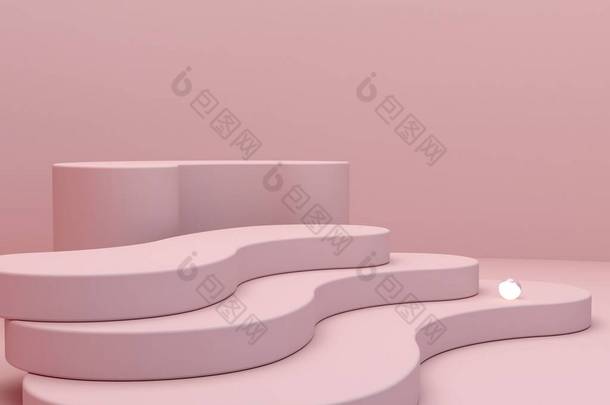 最小的场景与讲台，弯曲的楼梯和抽象的背景。几何形状。粉红，粉红。具有几何形状和纹理背景的化妆品场景。3D渲染. 