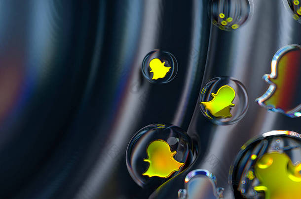 基于彩色抽象深色背景的气泡玻璃几何形状中的快照图标3D渲染