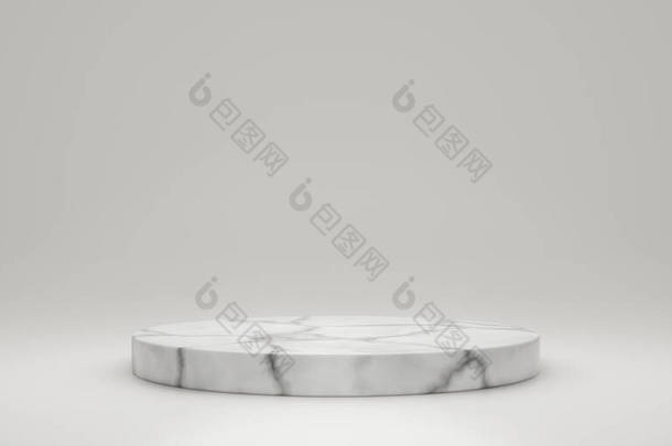 带大理石圆环产品展示平台的空白淡淡的糊状梯度背景.空荡荡的工作室，讲台底座在灰色的背景上。3D渲染