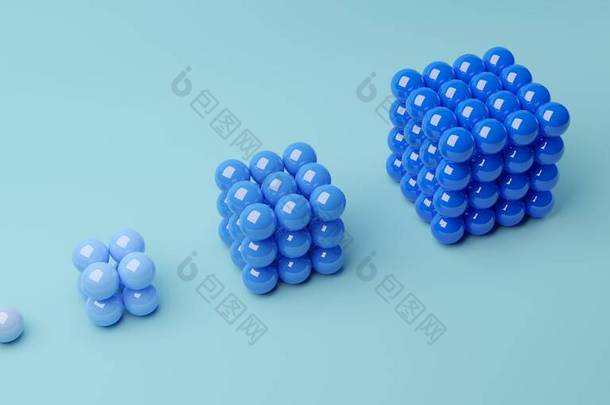 青色背景下成长立方体形成中的蓝色球体，抽象极<strong>小生</strong>长概念，3D图解