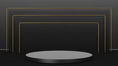 黑暗背景下的黑色讲台。现实的黑暗平台。3D渲染