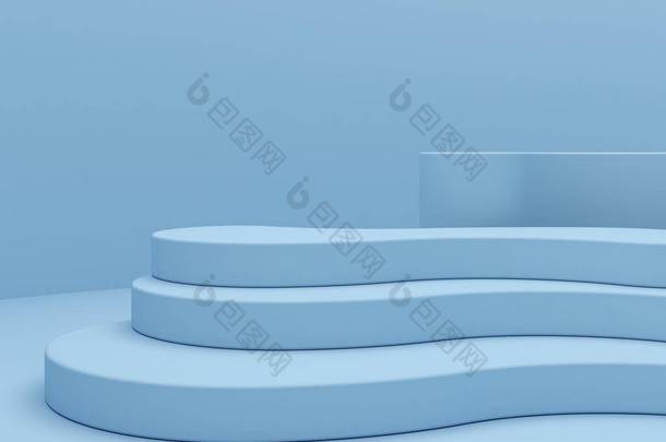 柔和的色彩楼梯上的蓝色彩绘抽象的背景.最小弯曲的讲台。有几何形状的<strong>场景</strong>。空的<strong>陈</strong>列柜，化妆品展示。时尚杂志3D渲染.