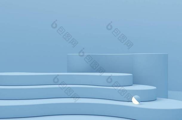 柔和的色彩楼梯上的蓝色彩绘抽象的背景.最小弯曲的讲台。有几何形状的场景。空的<strong>陈</strong>列柜，化妆品展示。时尚杂志3D渲染.