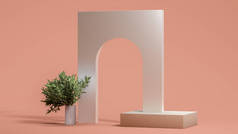 植物附近有孔洞的白色墙壁,桃色背景上有米色的橱窗.空荡荡的地方3D渲染.