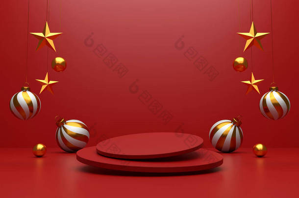 <strong>圣诞节快乐</strong>，2022年是新的一年。红色礼品盒，金色的球，金色的星星，2022年3D文字和圣诞装饰的红色背景。3D插图 