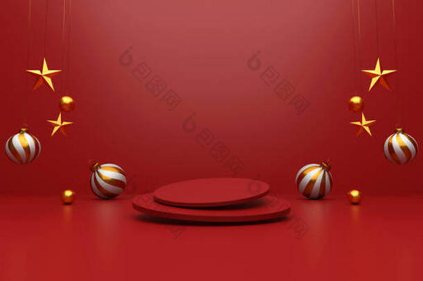 <strong>圣诞</strong>节快乐，2022年是新的一年。红色礼品盒，<strong>金色</strong>的球，<strong>金色</strong>的星星，2022年3D文字和<strong>圣诞</strong>装饰的红色背景。3D插图 