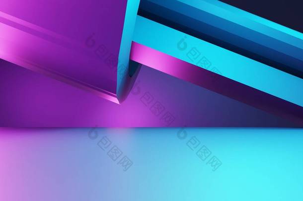 紫色和蓝色抽象几何背景的3D渲染。广告,科技,展示,横幅,化妆品,时尚,商业,多样化的场景.Sci-Fi Illustration 。产品展示