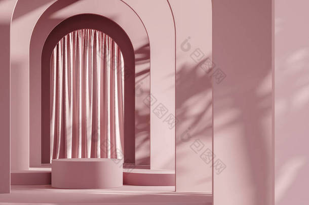 墙壁和窗帘背景的<strong>粉色</strong>平台，产品演示的模拟<strong>场景</strong>，3D渲染