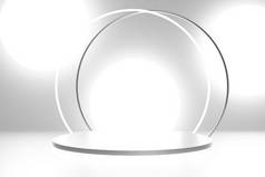 银质讲台的3D渲染，白色背景，白色霓虹灯拱形环和光圈