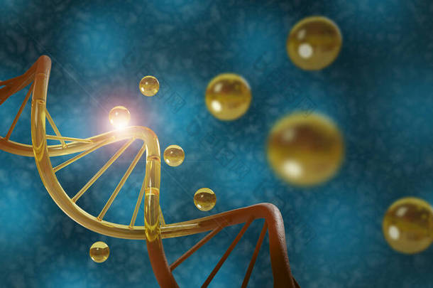 <strong>DNA</strong>链上的<strong>金色</strong>油滴化妆品治疗的概念。3d说明.