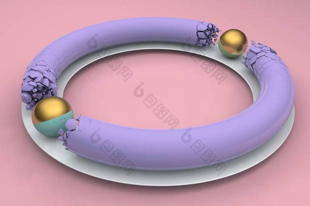 3D渲染紫色<strong>环</strong>和两个球体。球体把<strong>圆环</strong>分成小碎片.摘要3d组成.