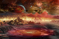 宇宙飞船在遥远的太阳系红色行星上方的太空中.美国航天局提供的这一图像的要素.