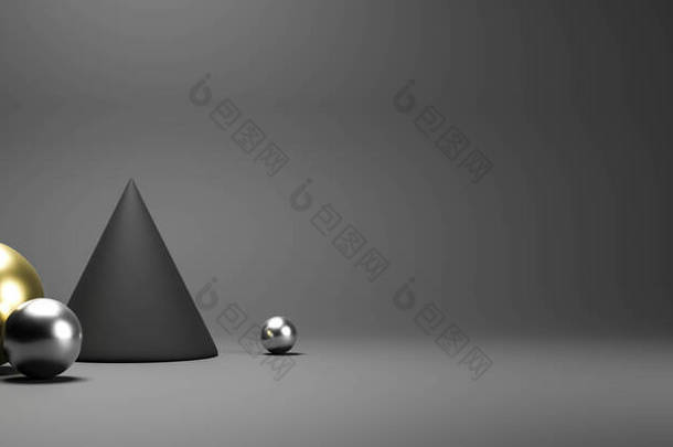 黑色暗色低调豪华银色和黑色抽象物体背景3D渲染插图