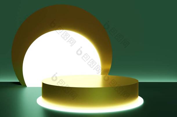 翡翠绿色背景上带有圆形灯和金圆的金色灯台3D渲染