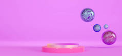 流淌着五彩斑斓的球体和基座。粉色的讲台和带条纹的球体在粉红色的背景。带产品货架的抽象背景，3D渲染.
