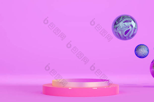 流淌着五彩斑斓的球体和基座。粉色的讲台和带<strong>条</strong>纹的球体在粉红色的背景。带产品货架的抽象背景，3D渲染.