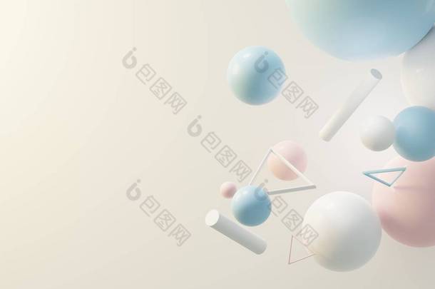 三维渲染的糊状球，肥皂泡，气泡漂浮在空气中隔绝在糊状背景。摘要场景.