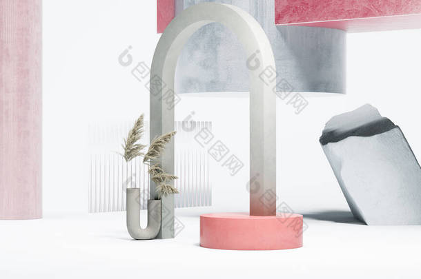 灰色弧线接近不同的几何形状，花瓶中的潘帕斯草和白色背景的粉红基座。魔法现实主义现代艺术。3D渲染. 