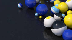 一组白色，蓝色，黄色，黑色的球。摘要说明，3D渲染，特写.