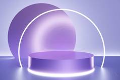 紫罗兰色讲台的3D渲染，背景为紫色，霓虹灯更亮