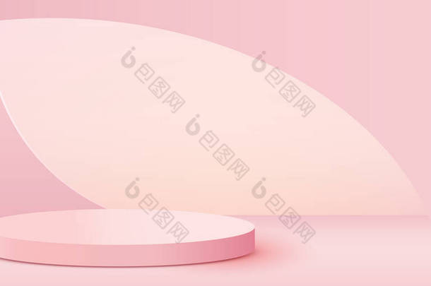 摘要场景背景。粉色背景的圆柱形讲台。产品展示、模拟、展示化妆品、软垫、舞台底座或平台.