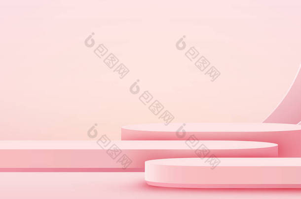 摘要场景背景。粉色背景的软糖。产品展示、模拟、展示化妆品、软垫、舞台底座或平台.