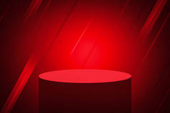 3D Rendered Red Stage Empty Space with Abstract Background. Modern Advertising Space backdrop