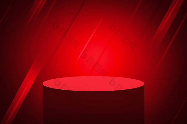 3D Rendered Red Stage Empty Space with Abstract Background. Modern Advertising Space backdrop