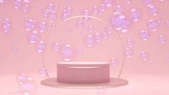 3d art background with pink platform surrounded with bubbles