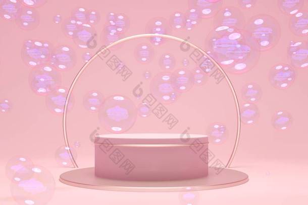3d art background with pink platform surrounded with bubbles