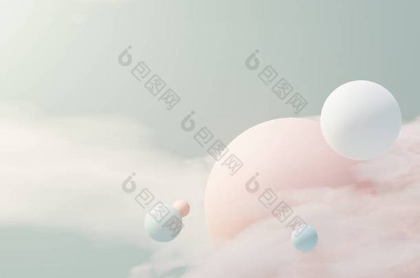 3D<strong>渲染</strong>的面团，肥皂泡，浮在空中与蓬松的云和海洋的斑点。梦幻般的浪漫之地.天然抽象梦幻般的天空.
