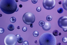 3d render of flying violet balls and fluffy fur spheres on purple background toned