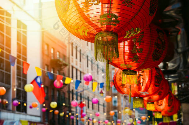 Red chinese lantern in Chinatown in New York city, <strong>USA</strong>. Festive decoration for Chinese New Year cele