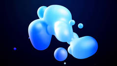 3D渲染。球体或球体像液蜡滴或空气中的球一样合并在一起。在美丽的水滴上，蓝色的液体梯度闪烁着光芒，在里面散射光.