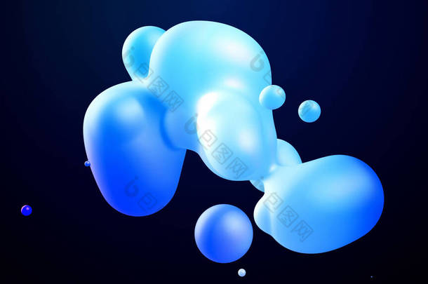 3D渲染。球体或球体像液蜡滴或空气中的球一样合并在一起。在美丽的水滴上，蓝色的液体梯度闪烁着光芒，在里面散射光.