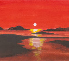 Amateur watercolor drawing of the sea and the evening sun setting over the horizon against a red sky