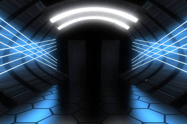 带有霓虹灯的3D<strong>抽象背景</strong>。霓虹灯隧道。空间建设。.3d说明