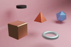 一个抽象的场景，多彩的几何体悬挂在空中。一个黄色立方体，一个橙色金字塔，一个灰色的圆环，一个蓝色的二面体和一个粉色背景的黑色圆筒。3D渲染.