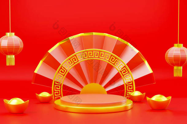 祝您新年快乐。<strong>日</strong>本<strong>粉丝</strong>，金锭和灯笼，圆形亚洲主题产品展台舞台上的红色背景，空时尚奢华CNY讲台，3D渲染插图