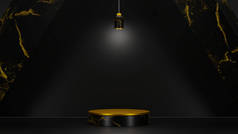 Marble and Gold Product Showcase Podium 3d Illustration. Black and Gold Pedestal Scene for Item Pres